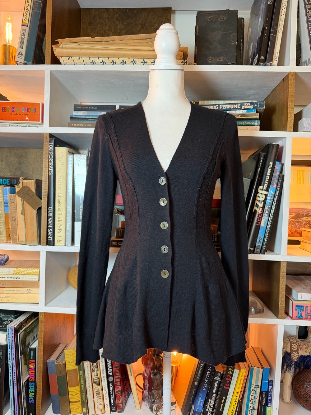 Black Button-Front Peplum Cardigan